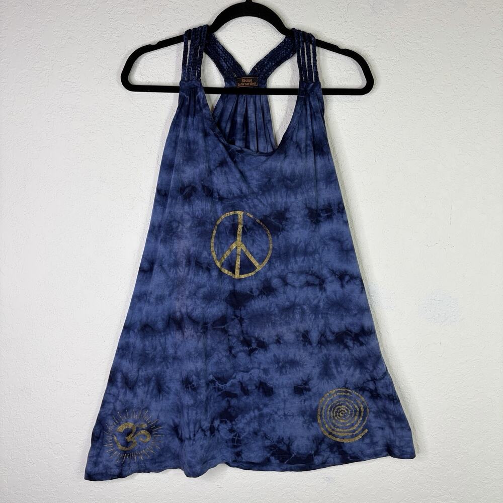 Rising International Blue Tie Dye Tank Top Blouse Size XL, peace sign, bohemian